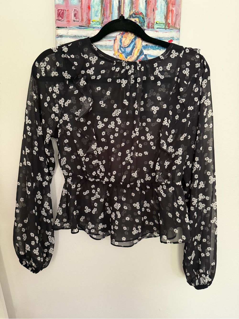 Black Sheer Ditsy Floral Ruffle Peplum Blouse Small